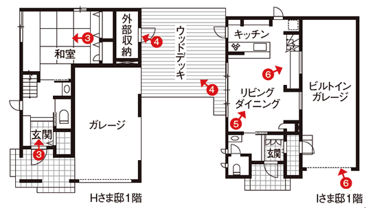 二世帯住宅完全分離型の間取り①中央の広いウッドデッキがつなぐ2階建て×2棟の家【大和ハウス】
