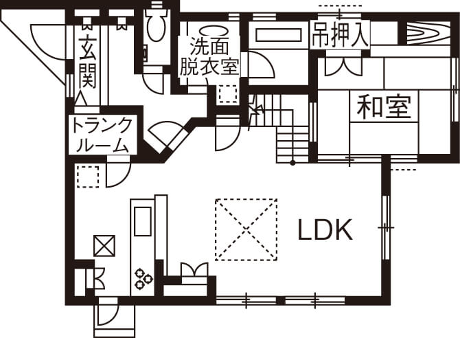 廊下のない間取り③LDKと玄関ホールを分けて生活音問題を解決した2階建て