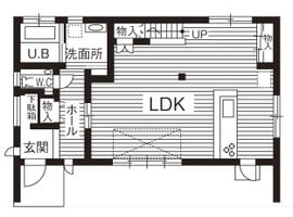 40坪〜30坪　南玄関の間取り④1階をLDKのみにした贅沢2階建て