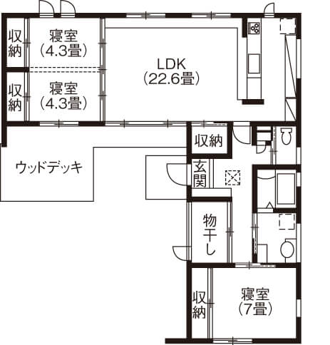 ウッドデッキのある平屋④物干し部屋兼土間が使い勝手抜群で家事動線良好