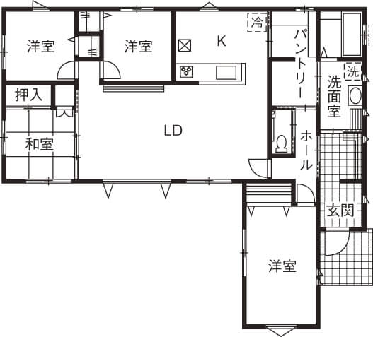 リビングが特徴的な平屋の間取り事例②22畳の広々リビングで暮らしやすいL字型