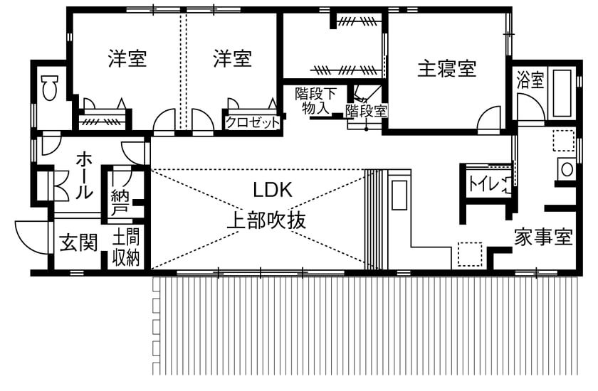 長方形の平屋間取り【30坪】事例①勾配天井を活用した開放的なLDK